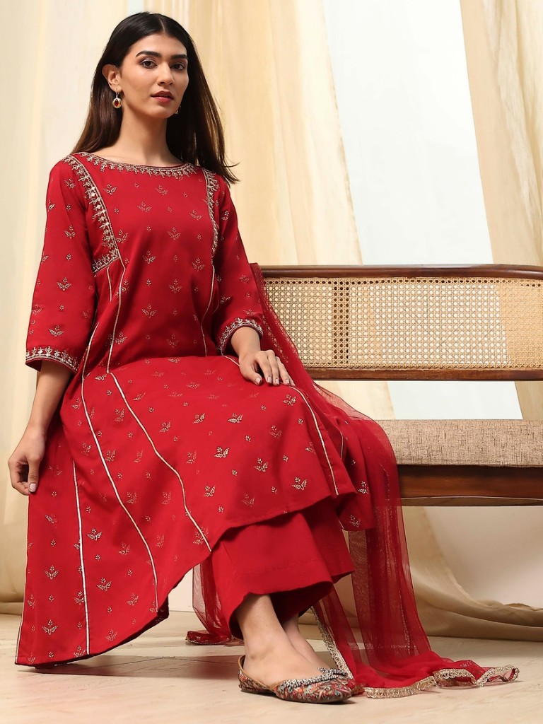 Red Cotton Foil Printed Kalidar Suit Set