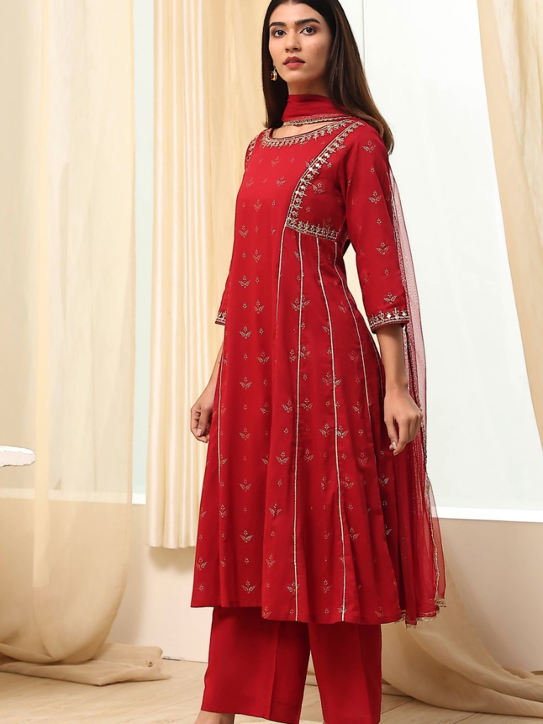 Red Cotton Foil Printed Kalidar Suit Set