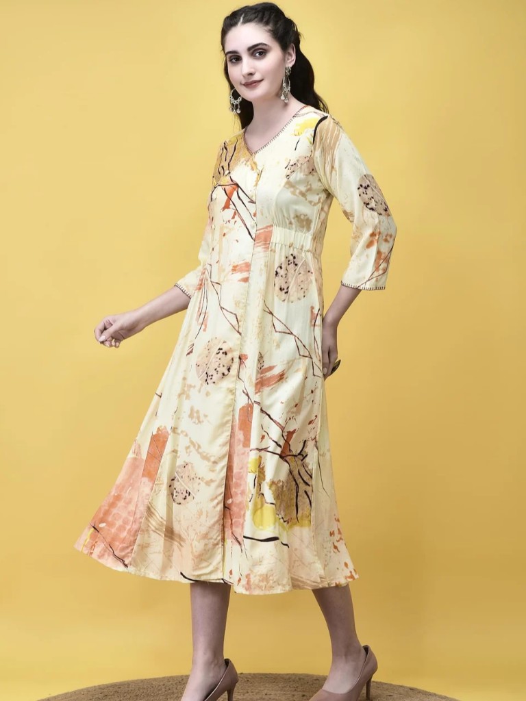 Women Rayon Beige Multicolor Abstract Print Dress