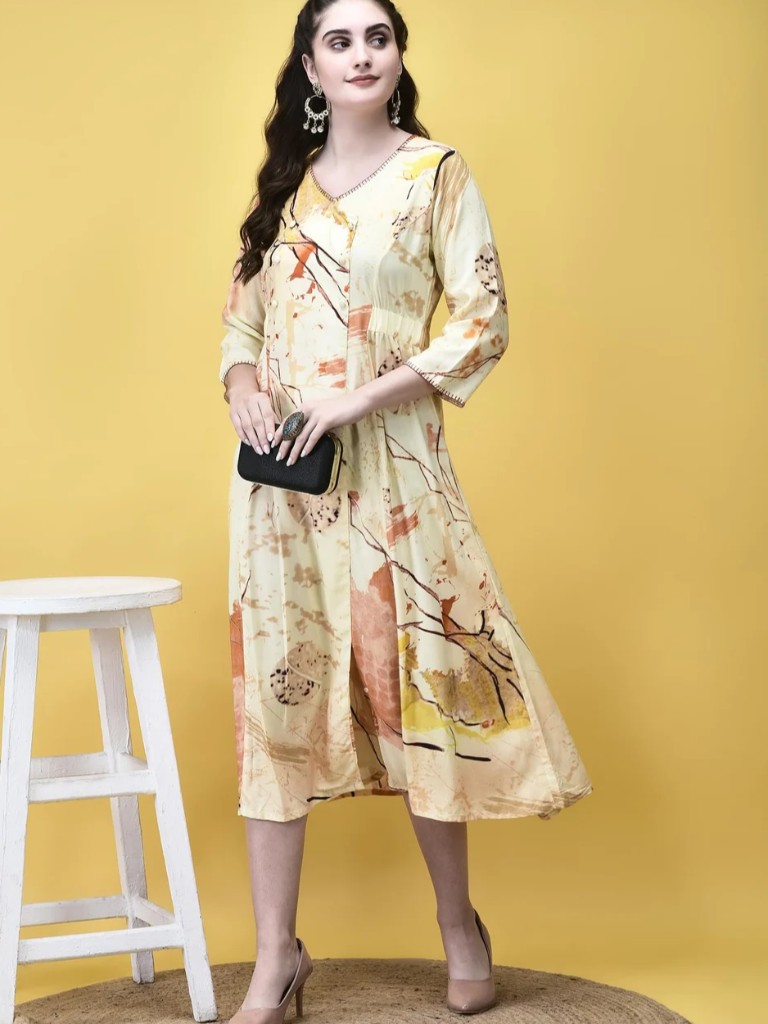 Women Rayon Beige Multicolor Abstract Print Dress