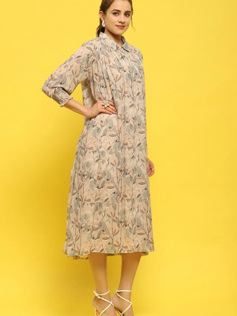 Women Georgette Beige Abstract Print Dress