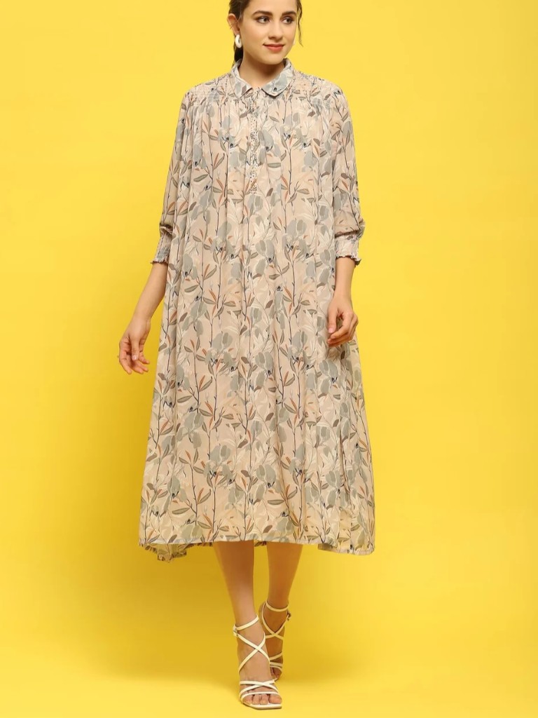 Women Georgette Beige Abstract Print Dress