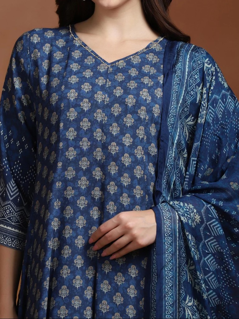 Women Indigo Printed Dress With Dupatta