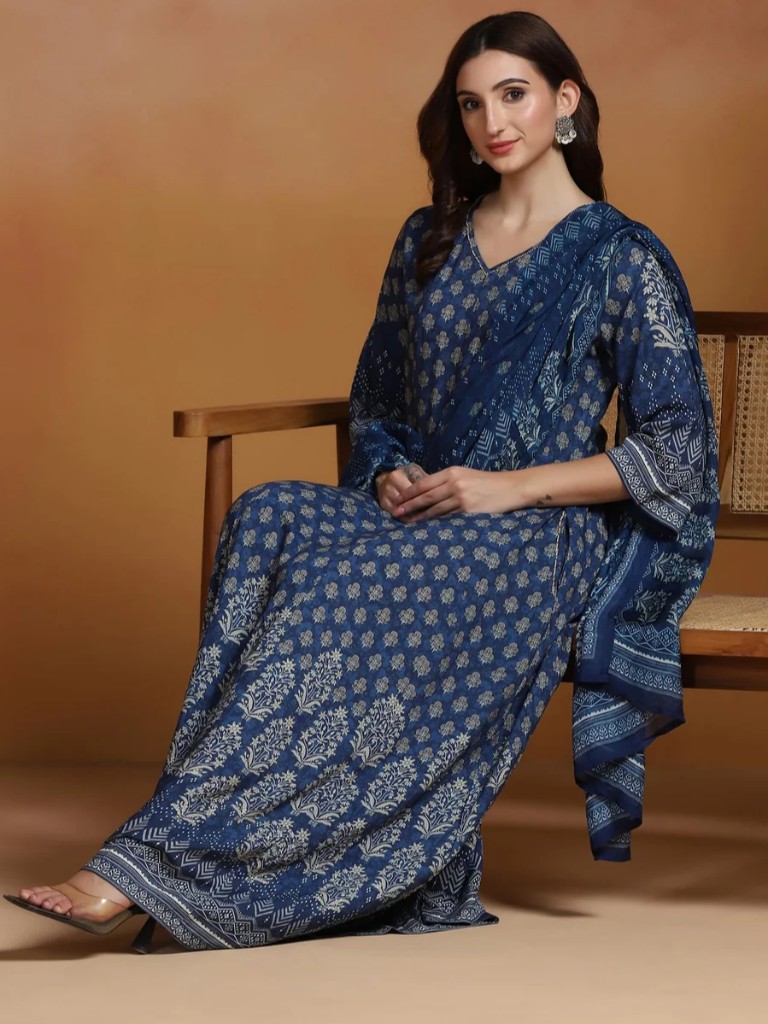 Women Indigo Printed Dress With Dupatta