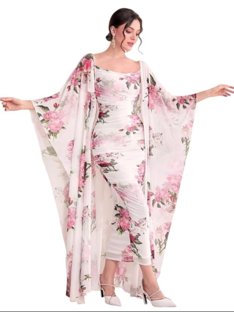 Women Floral Printed Ruched Bodycon Dress with Shrug