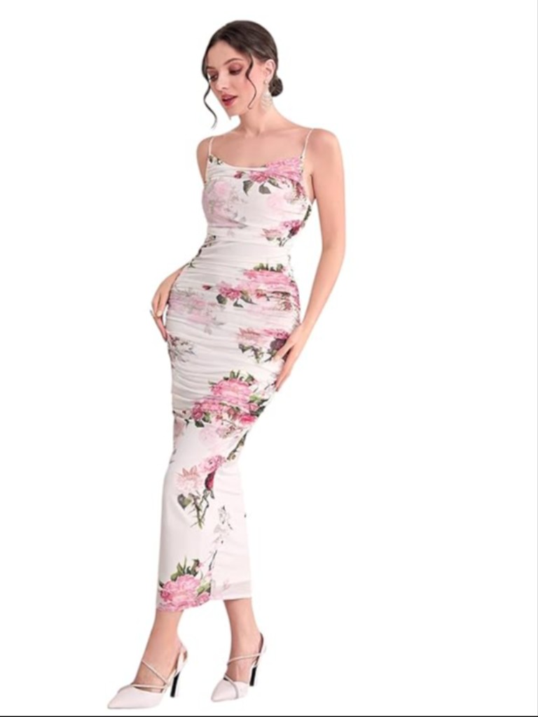 Women Floral Printed Ruched Bodycon Dress with Shrug