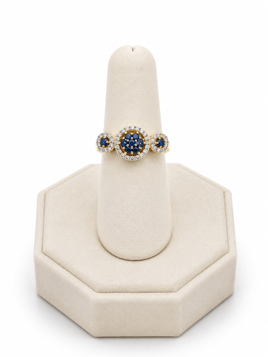 Yellow Gold Triple Halo Diamond & Blue Sapphire Ring