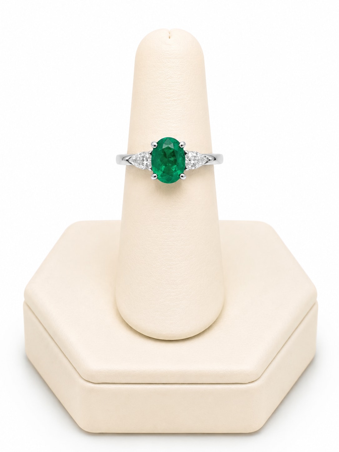 White Gold Pear Diamond & Oval Emerald Ring