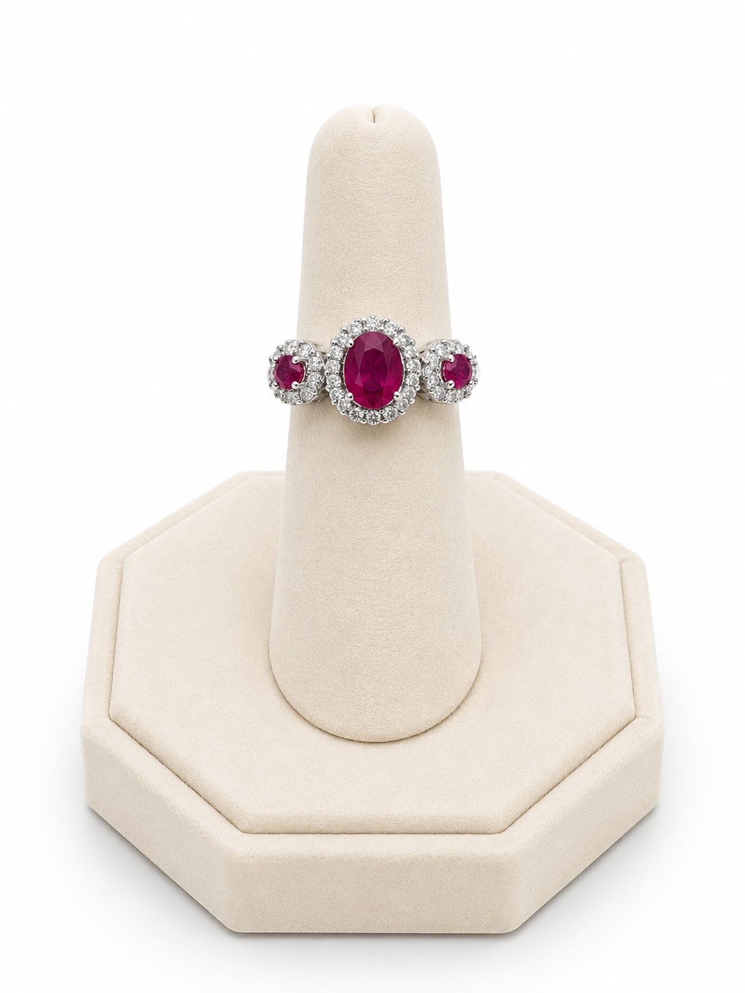 White Gold Diamond & Ruby Past, Present, & Future Ring