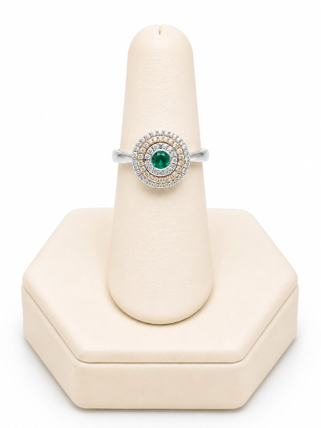 White/Yellow Gold Triple Halo Diamond & Emerald Ring
