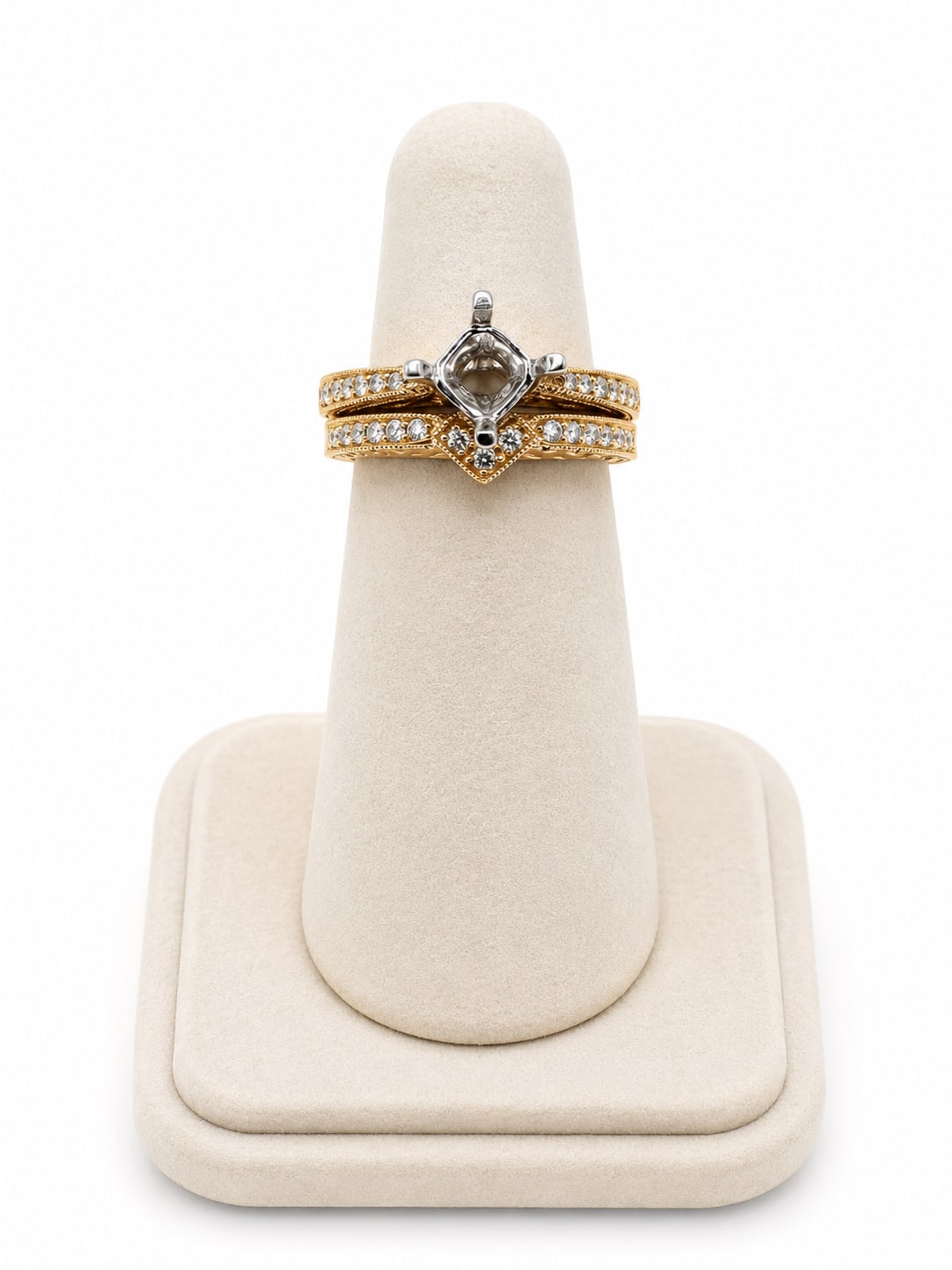Yellow Gold Diamond Vintage Inspired Carved Bridal Set Semi-Mount Ring