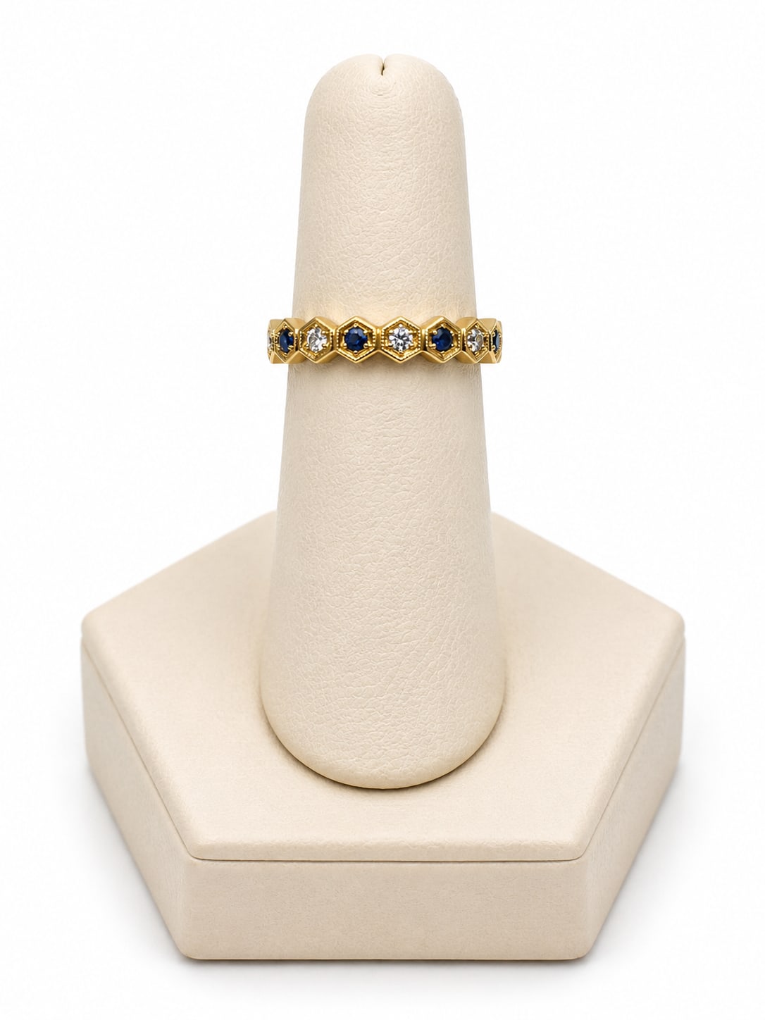 Yellow Gold Diamond & Blue Sapphire Honey Comb Style Band