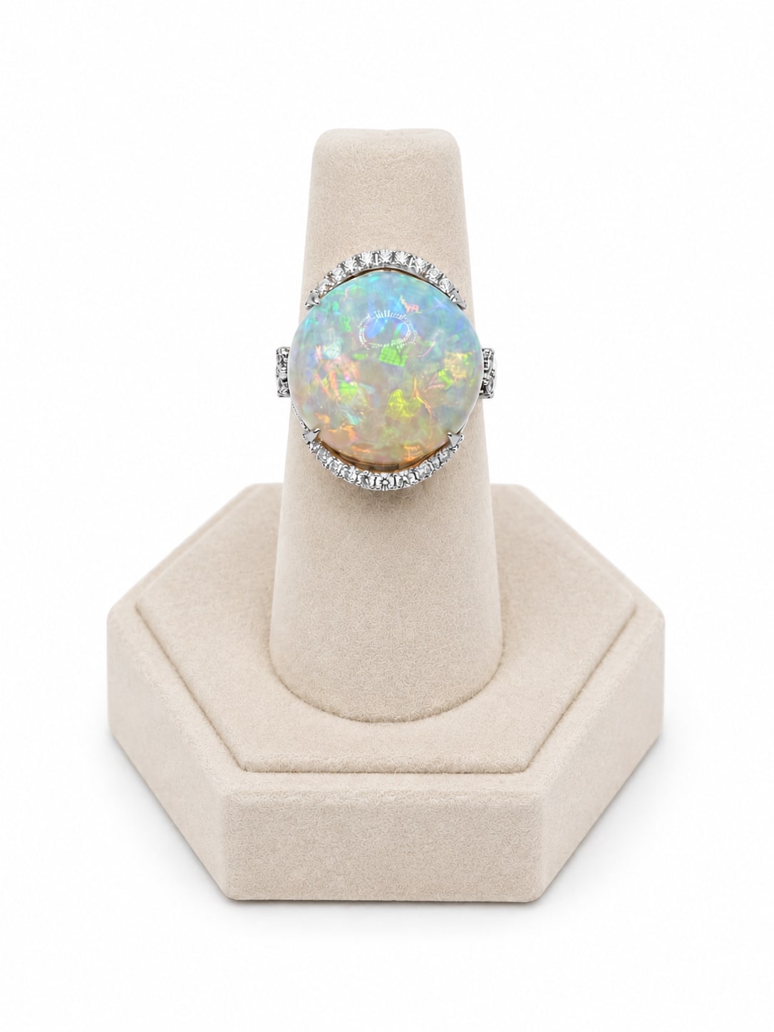 White Gold Diamond & Cabochon Opal Bypass Cocktail Ring