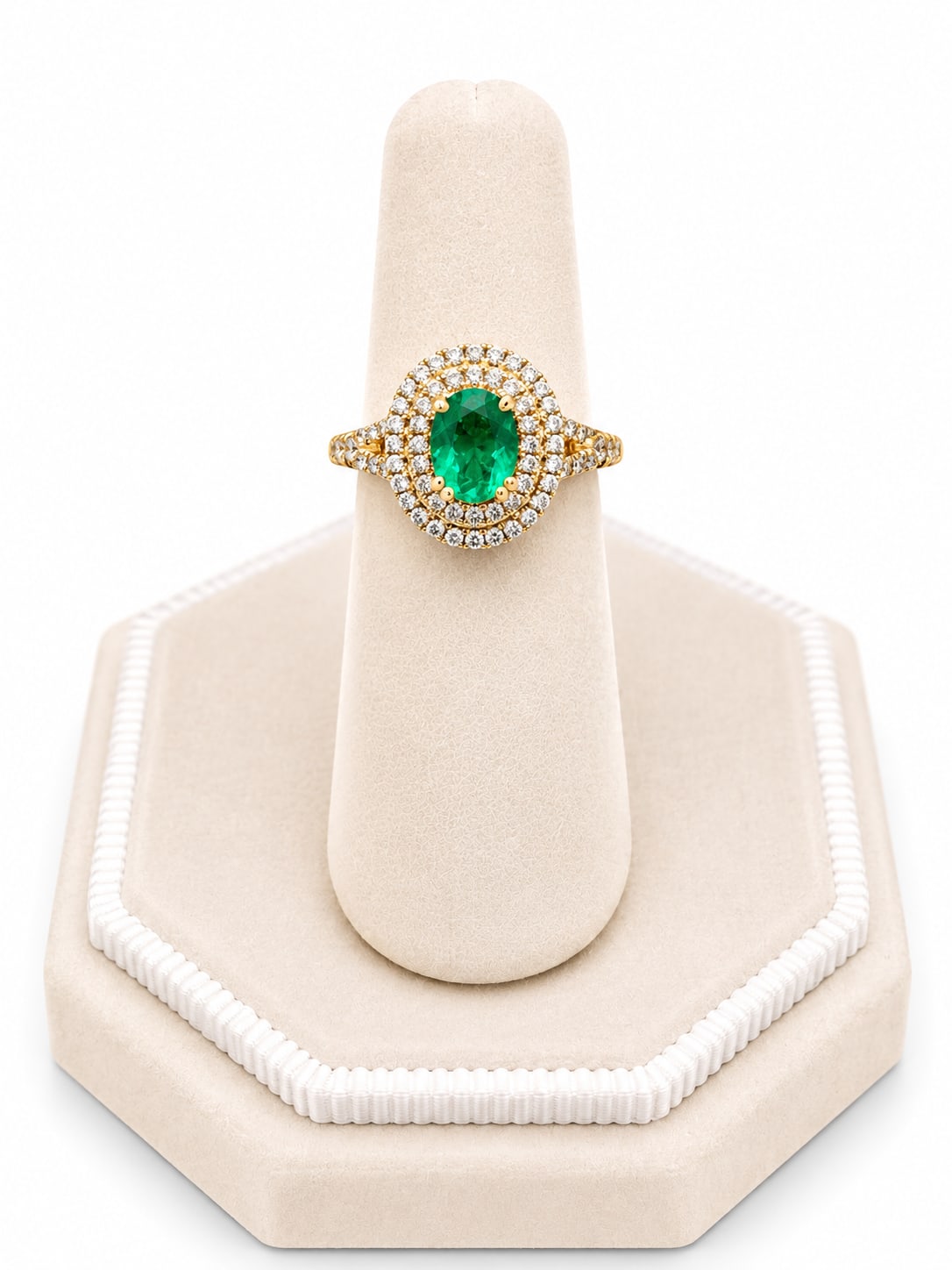 Yellow Gold Diamond & Emerald Double Oval Halo Ring