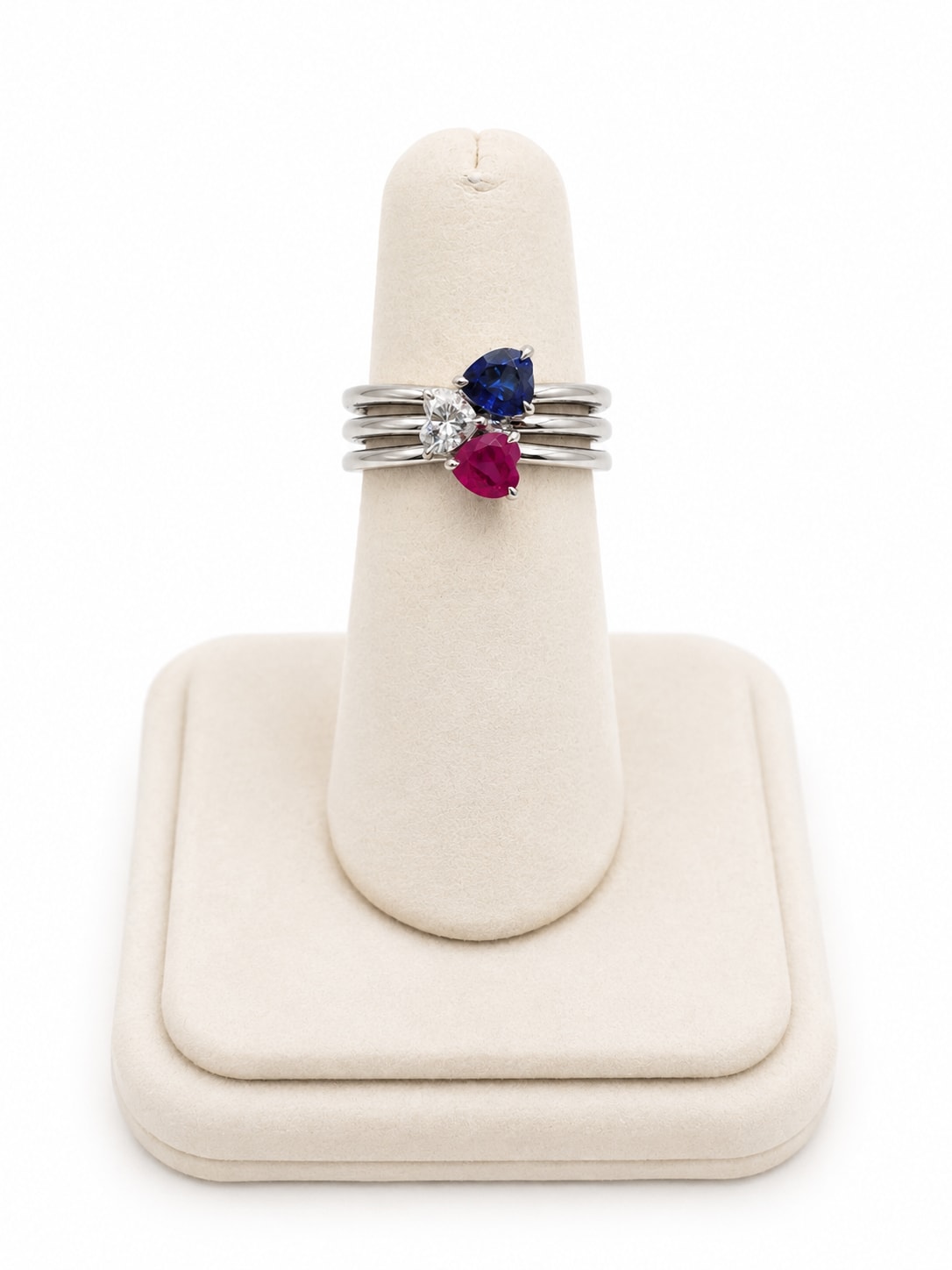 White Gold Diamond & Gemstone Triple Heart Band