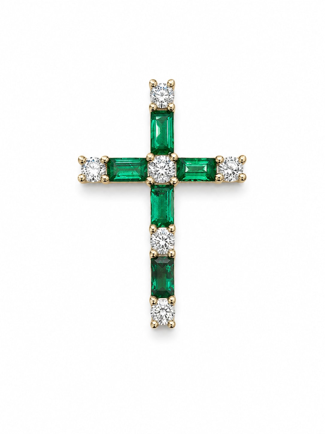 Yellow Gold Diamond & Baguette Emerald Cross Pendant