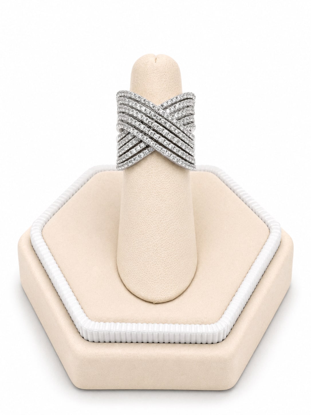 White Gold 5 Row Crisscross Diamond Cocktail Ring