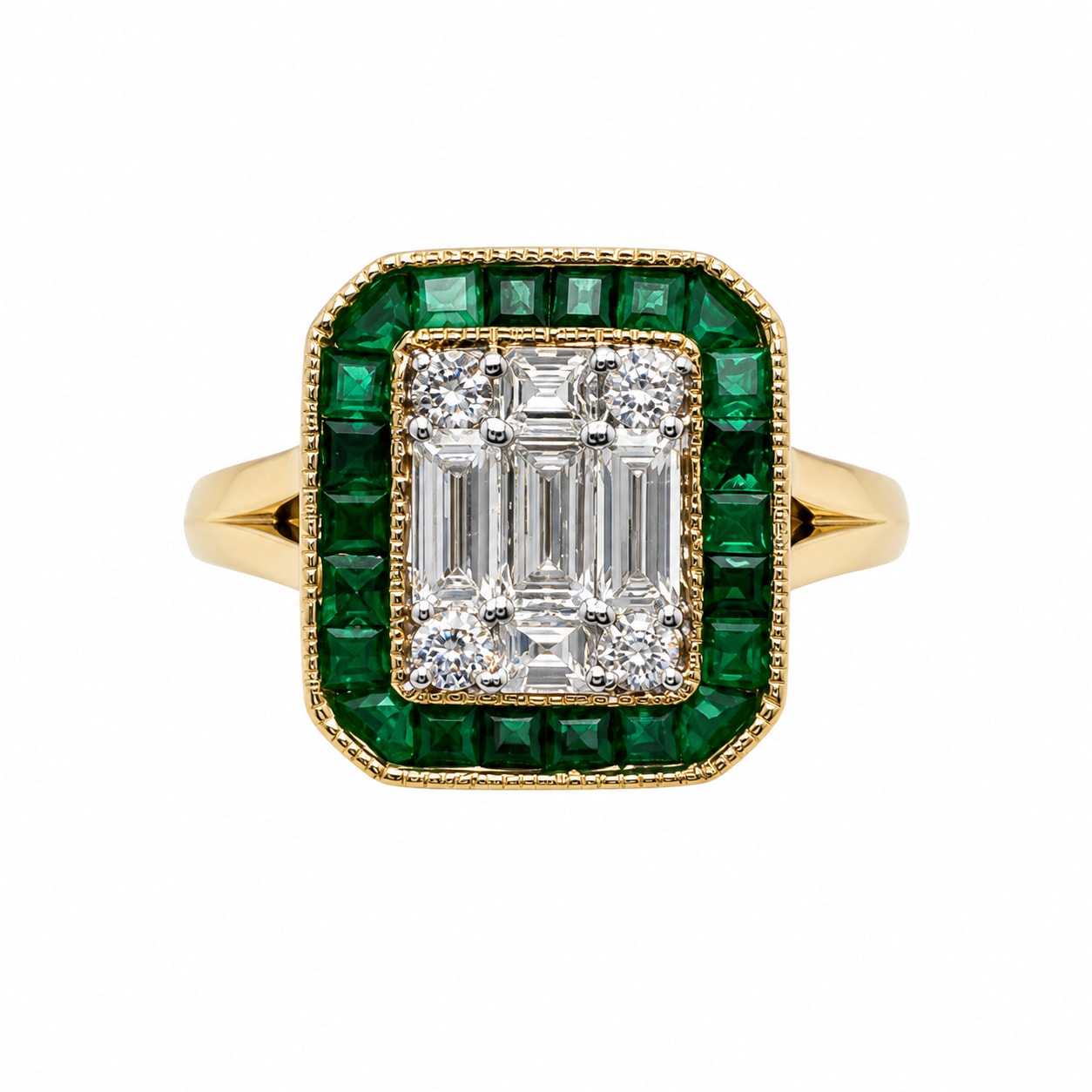 Yellow Gold Diamond & Green Emerald Cluster Ring