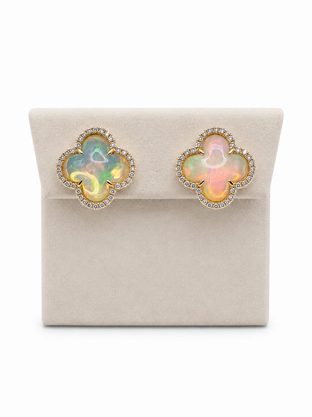 Yellow Gold Diamond & Opal Clover Stud Earrings