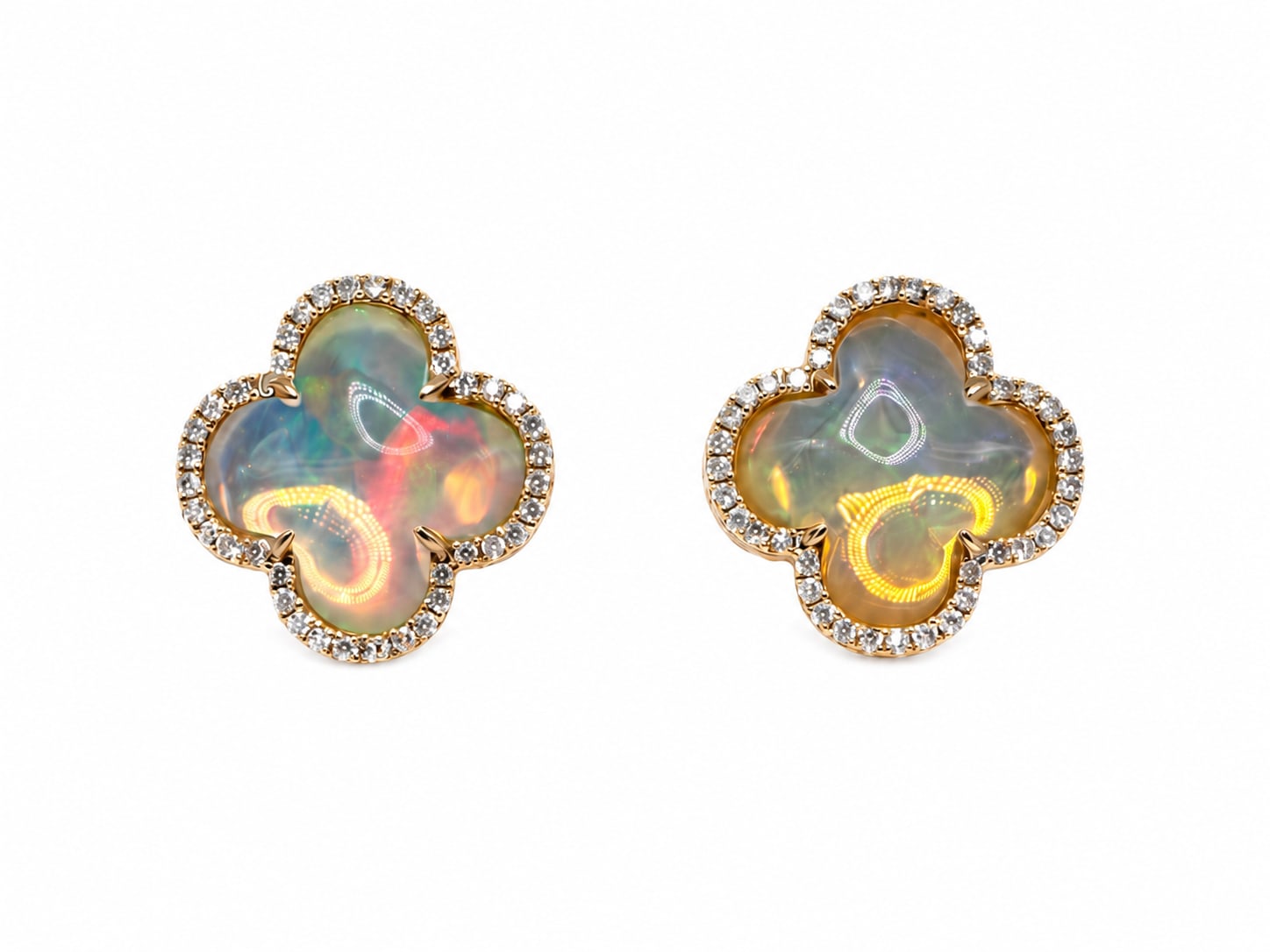 Yellow Gold Diamond & Opal Clover Earrings