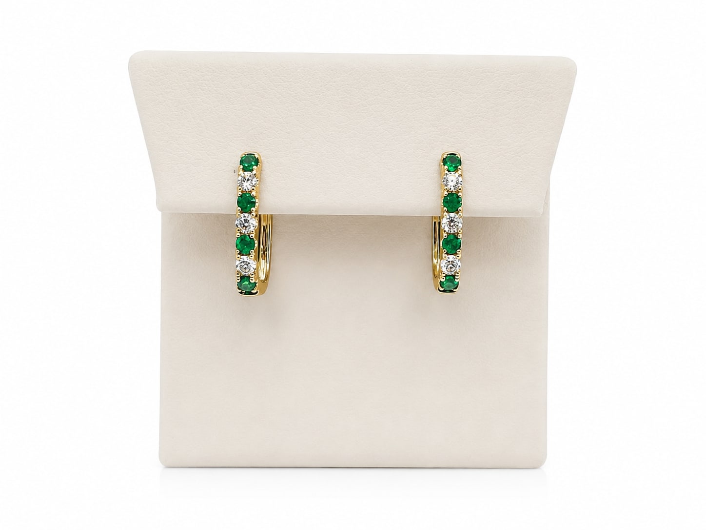 Yellow Gold Round Diamond & Emerald Square Hoop Earrings
