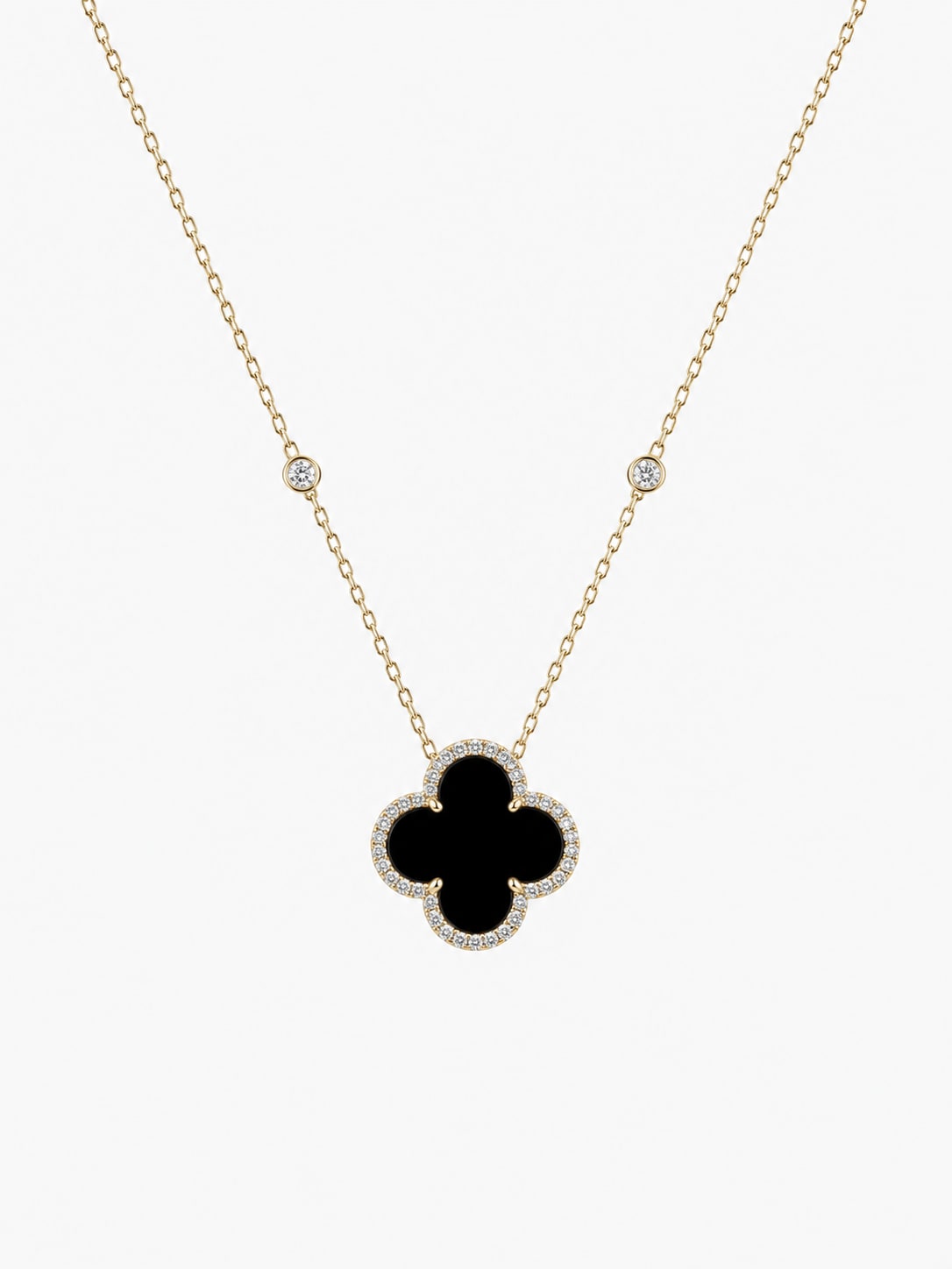 Yellow Gold Diamond & Black Onyx Clover Necklace