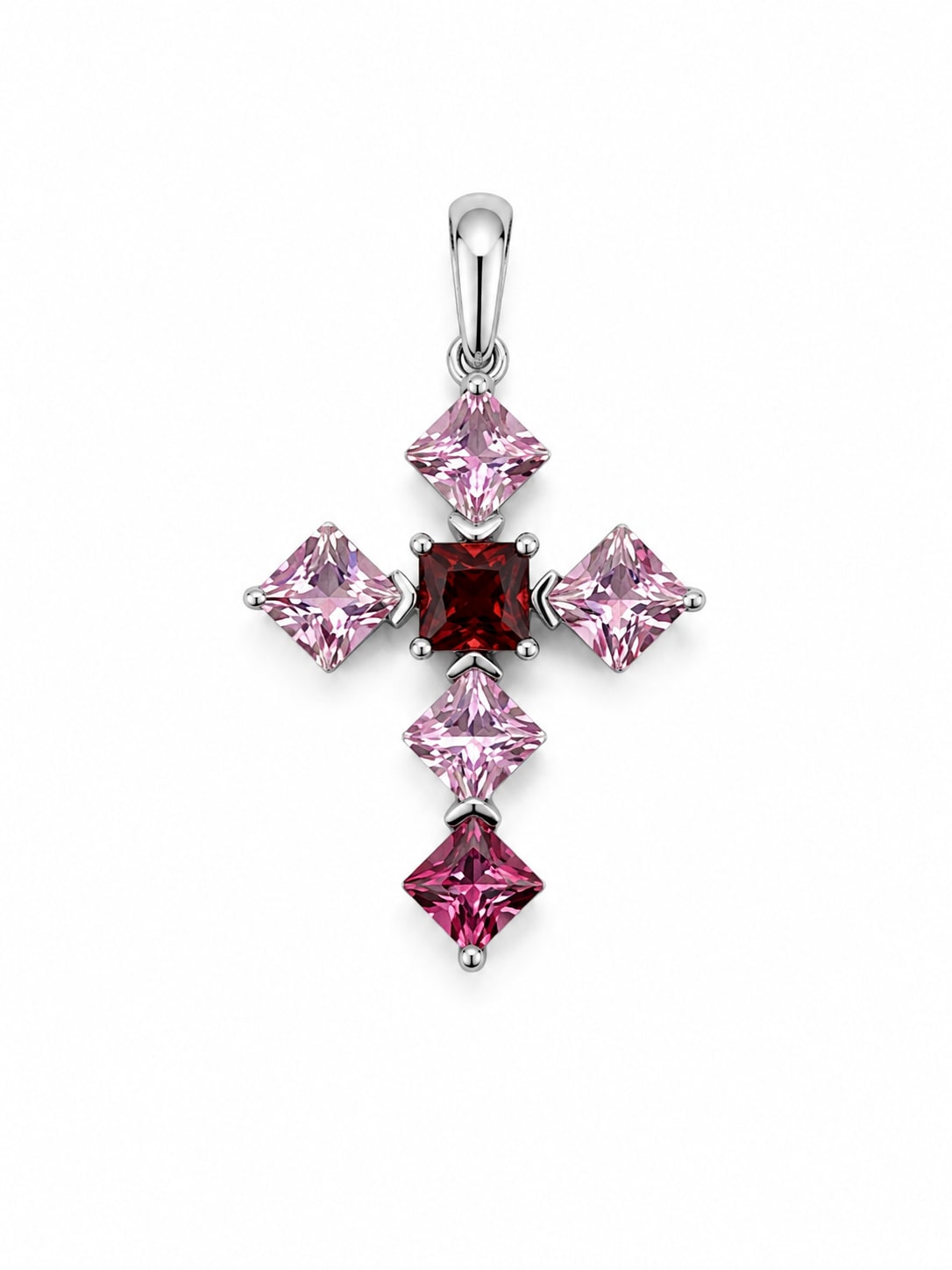 White Gold Square Pink Tourmaline Cross Pendant