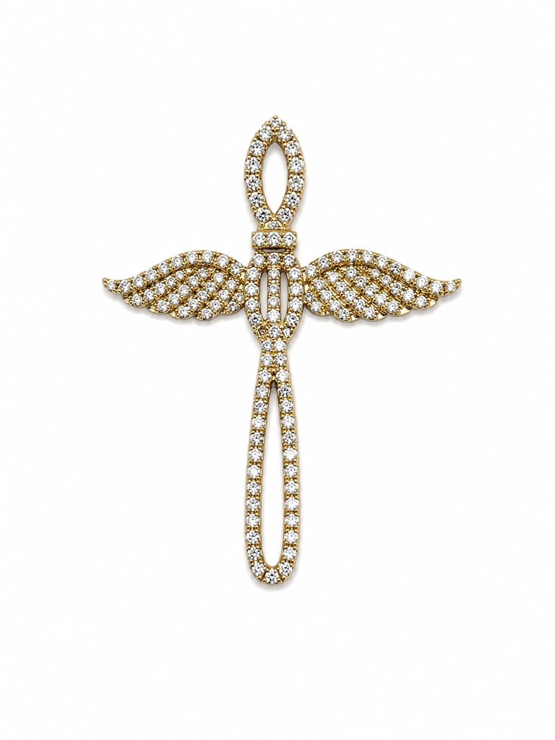 Yellow Gold Pave Diamond Angel Wing Cross Pendant