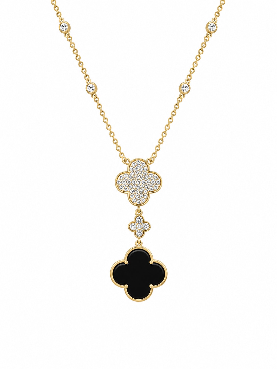 Yellow Gold Diamond & Black Onyx Double Clover Necklace