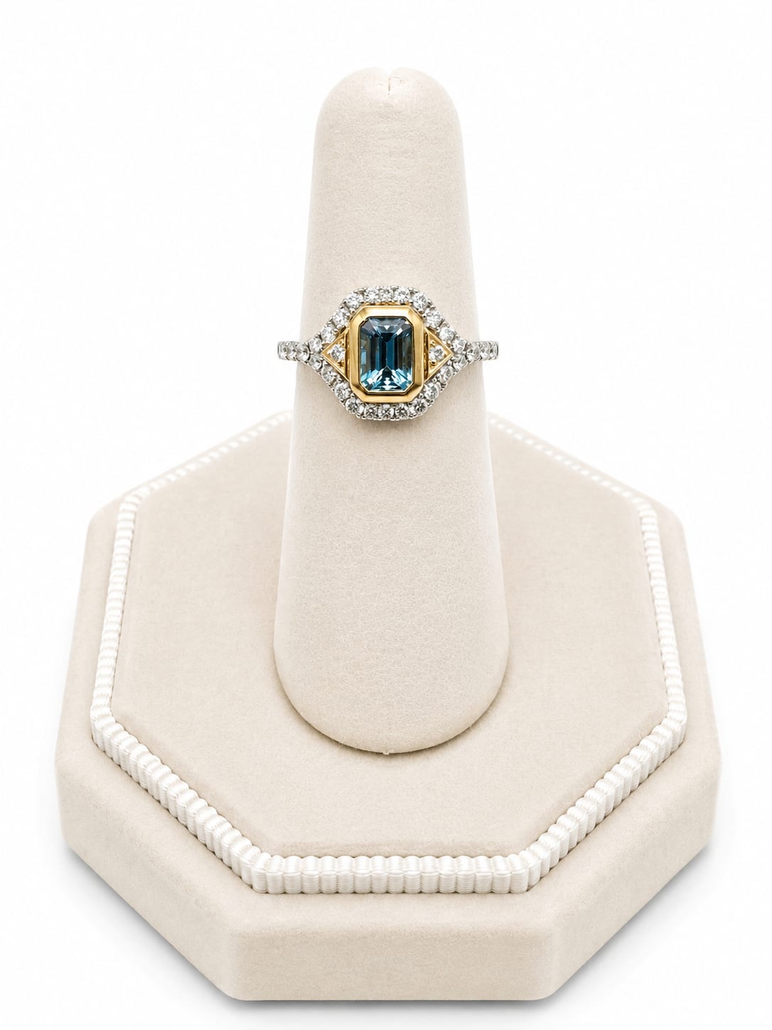 White/Yellow Gold Diamond & Emerald Cut Aquamarine Ring