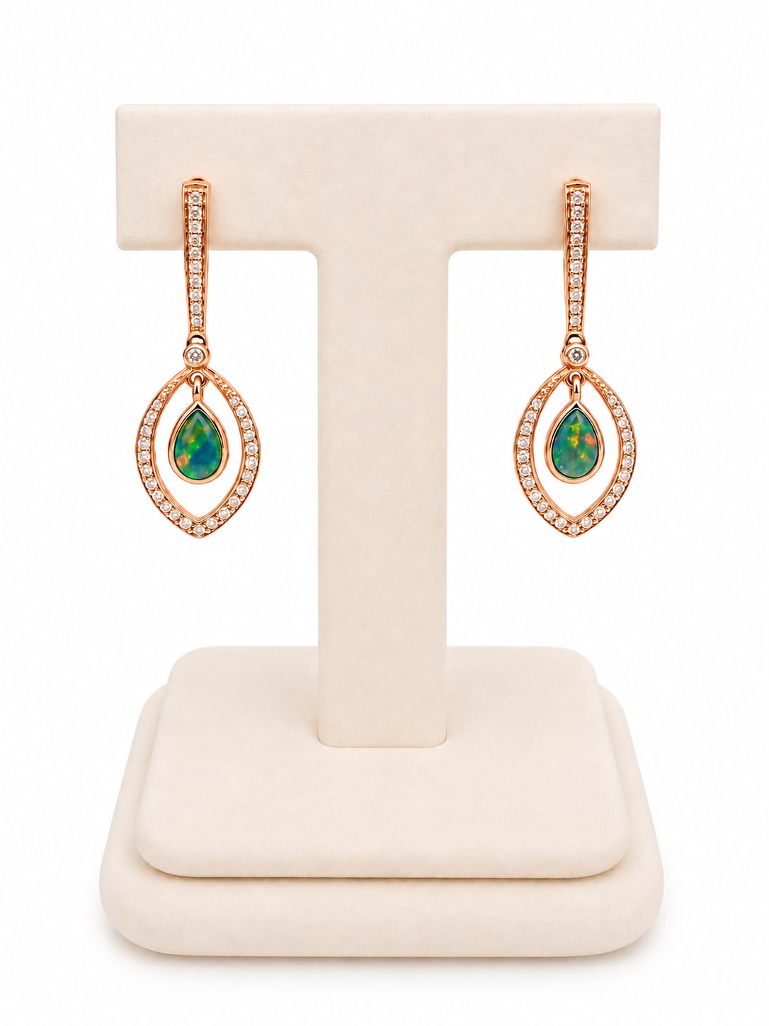 Rose Gold Diamond & Pear Opal Drop Earrings