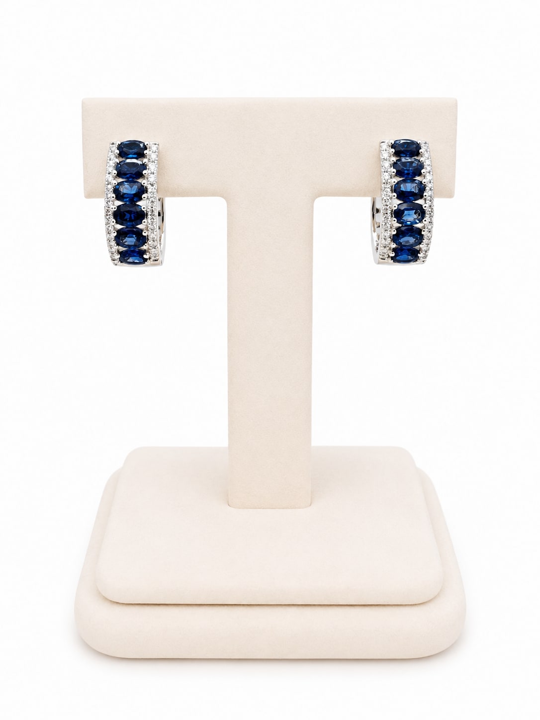 White Gold Oval Blue Sapphire & Diamond Hoop Earrings
