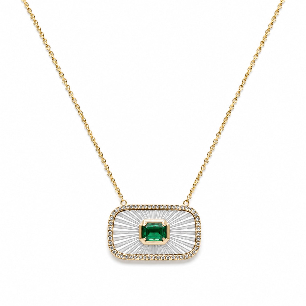 Yellow Gold MOP, Emerald, & Diamond Rectangle Necklace