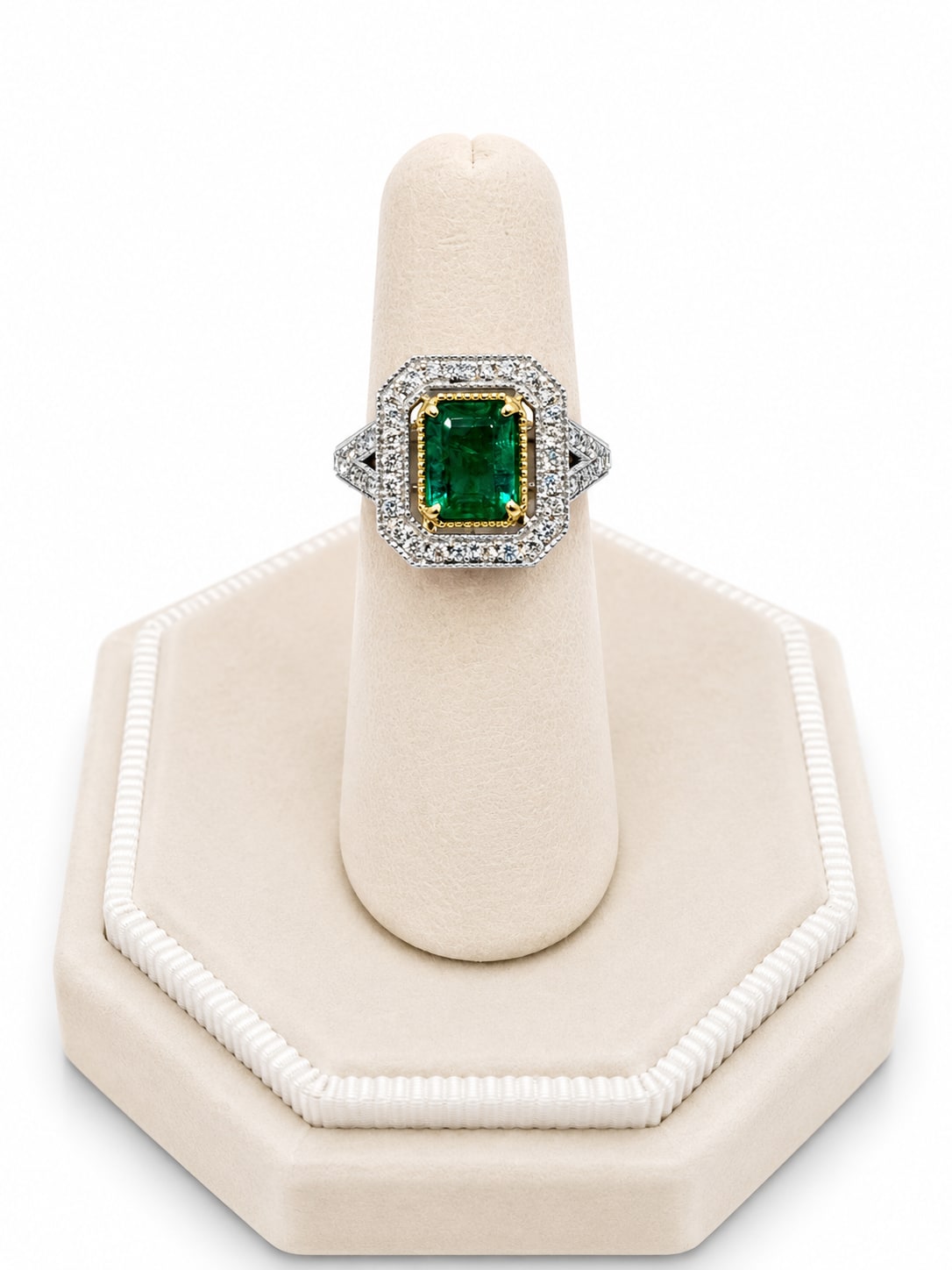 Platinum/Yellow Gold Vintage-Inspired Green Emerald & Diamond Ring