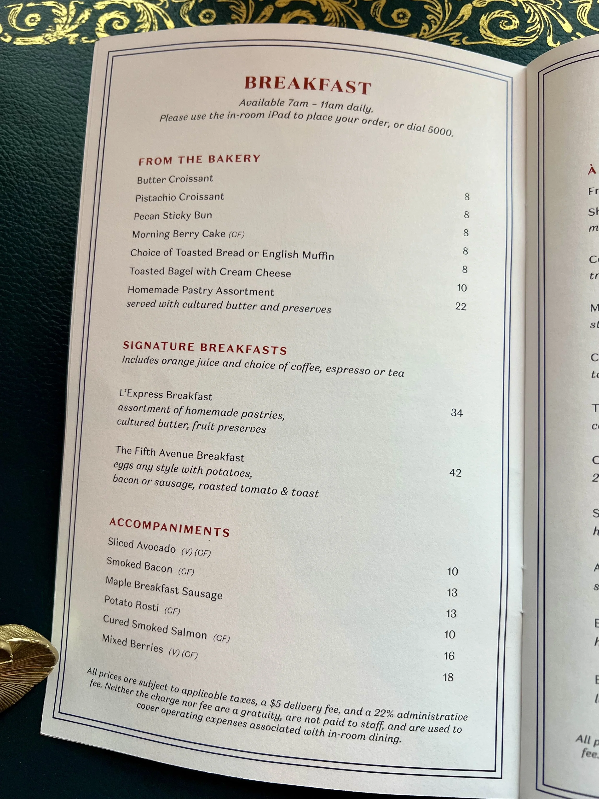 The Fifth Avenue Hotel, New York, NY — in-room dining