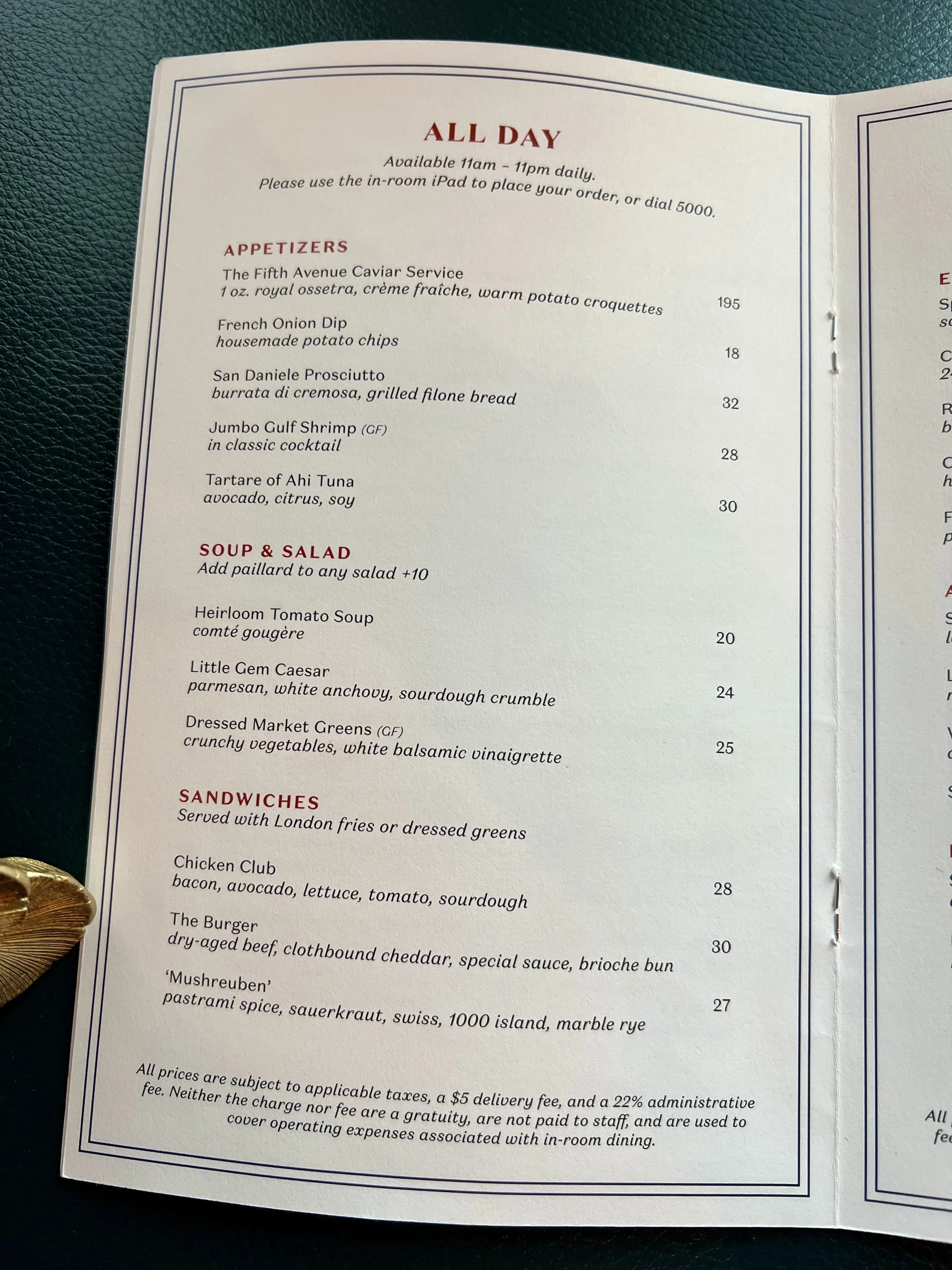 The Fifth Avenue Hotel, New York, NY — in-room dining