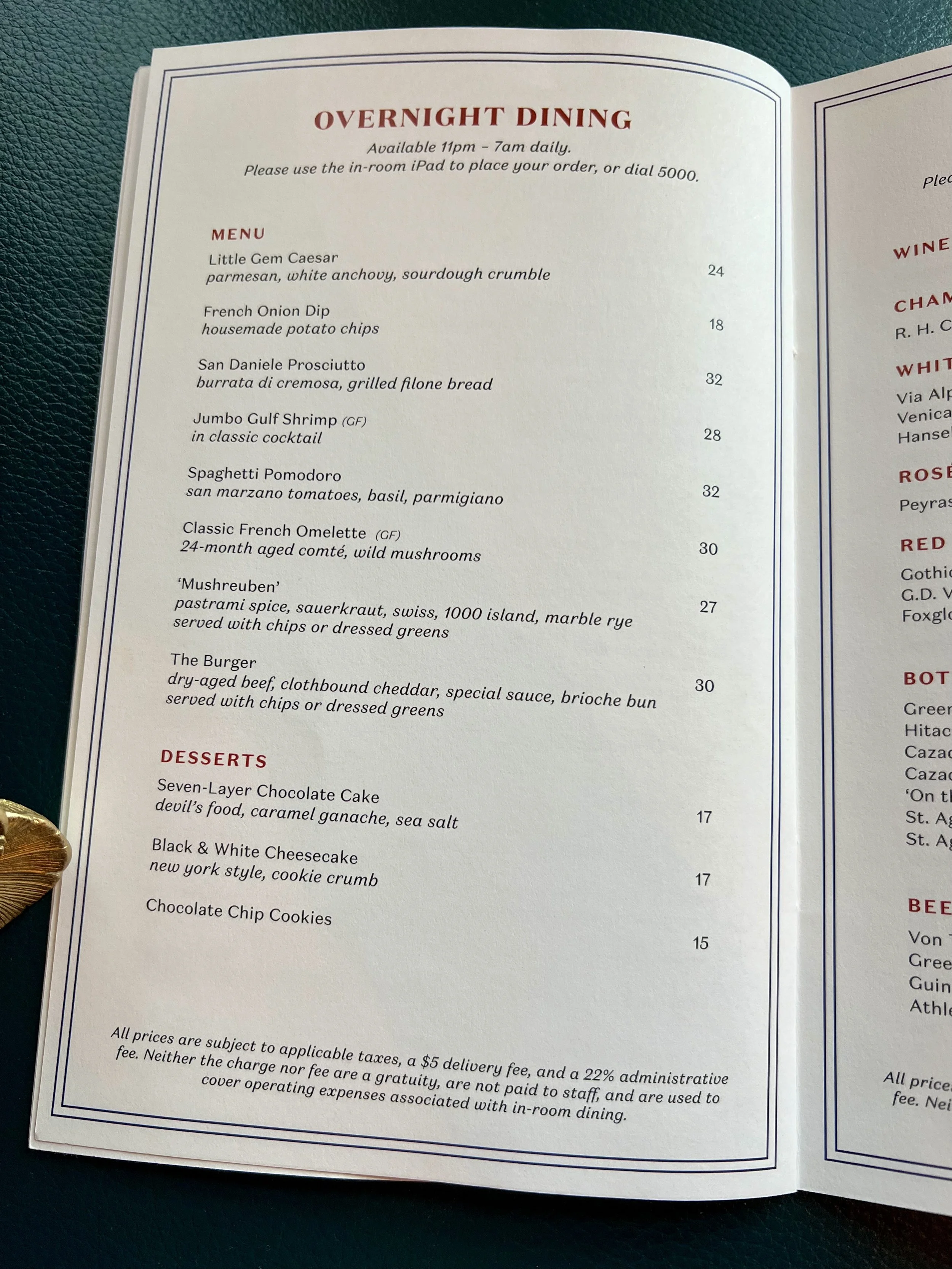 The Fifth Avenue Hotel, New York, NY — in-room dining