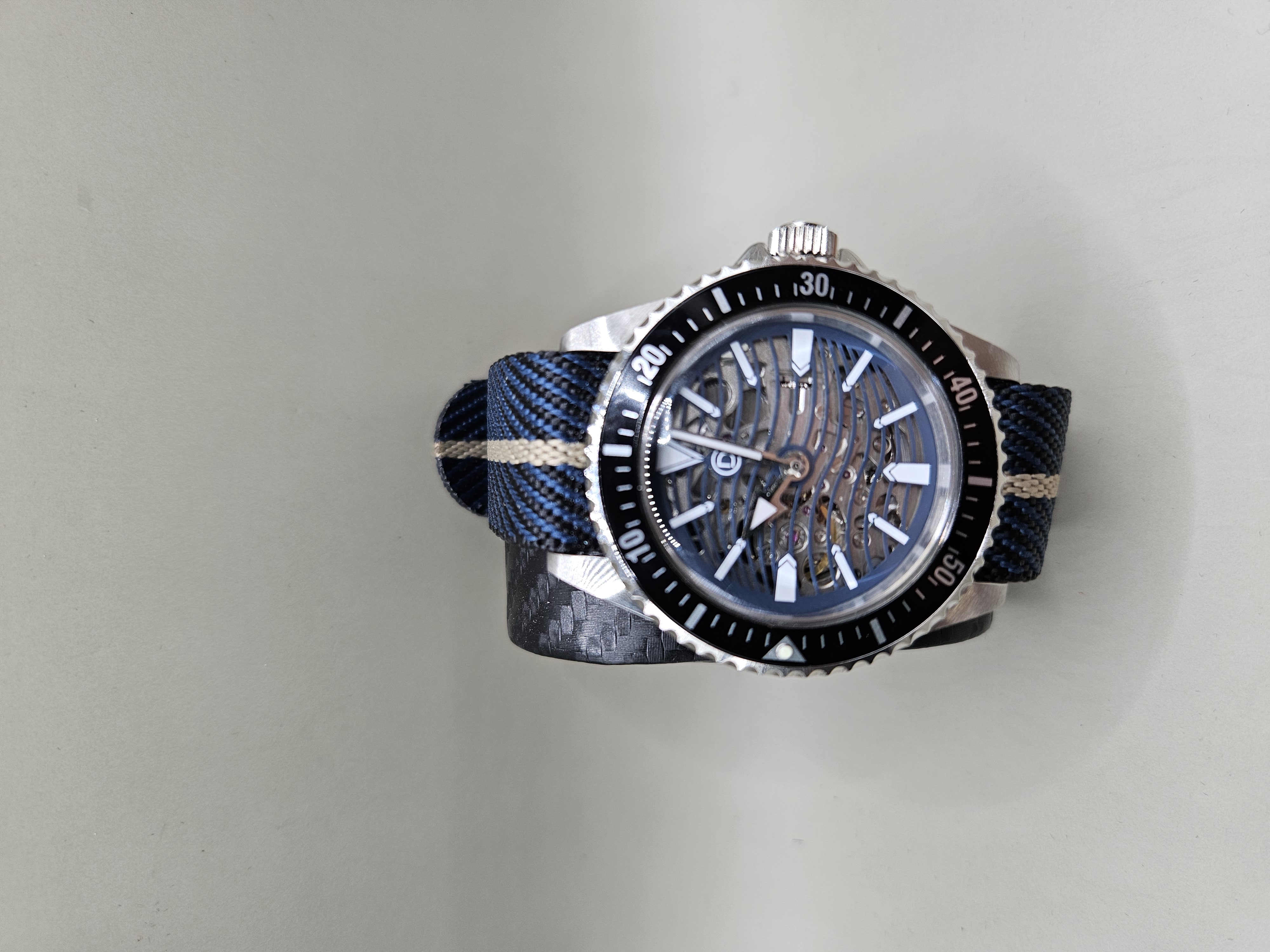 Skeleton Diver Style Automatic Watch – Blue Wave Dial & NATO Strap ...