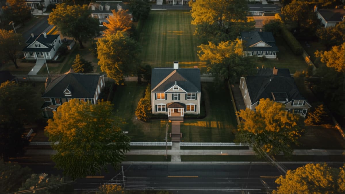 Vista aérea de un suburbio al atardecer — la casa familiar promedio