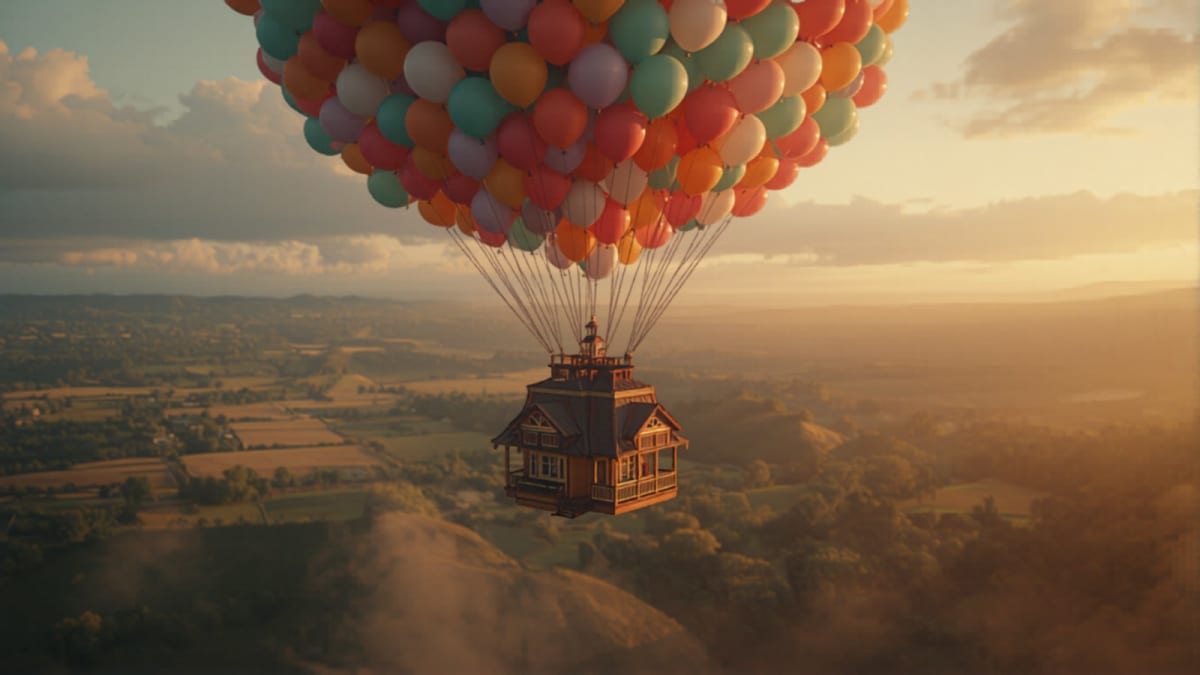 Casa elevada por globos volando estilo Up — la casa que no se quiere soltar