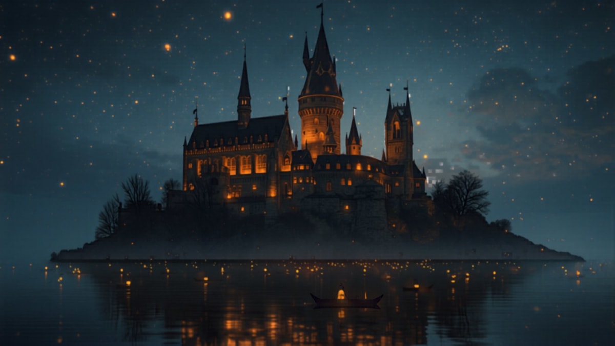 Castillo junto al lago de noche estilo Hogwarts — patrimonio y escasez