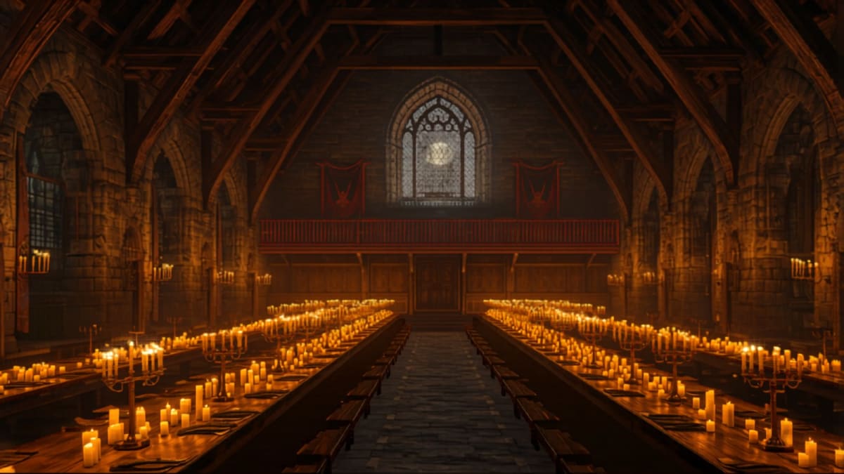 Gran salón de un castillo con velas flotantes — el valor del patrimonio único
