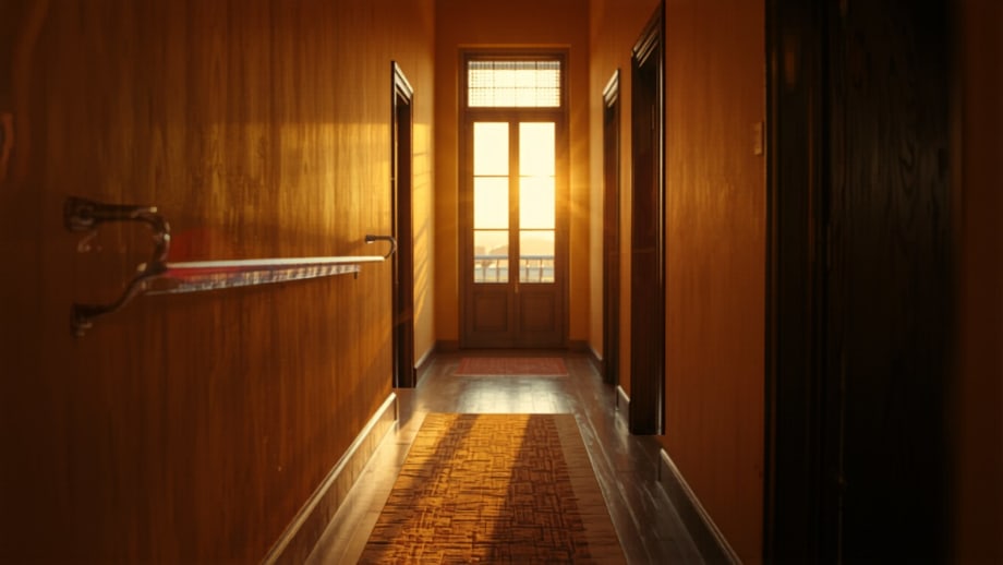 Pasillo de casa con pasamanos de madera y luz cálida de atardecer