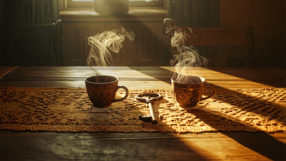 Mesa familiar con una llave antigua entre dos tazas de té
