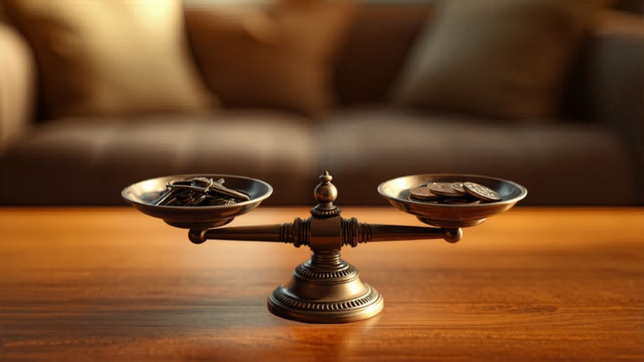 Balanza antigua equilibrando llaves de casa y monedas