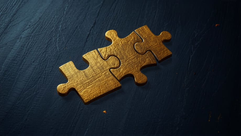Tres piezas doradas de puzzle uniéndose en una casa