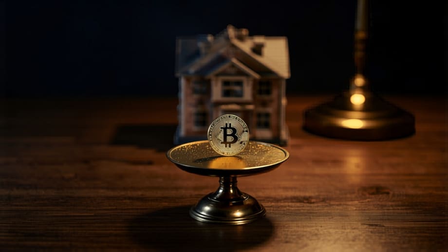 Moneda dorada en una balanza ante una maqueta de casa