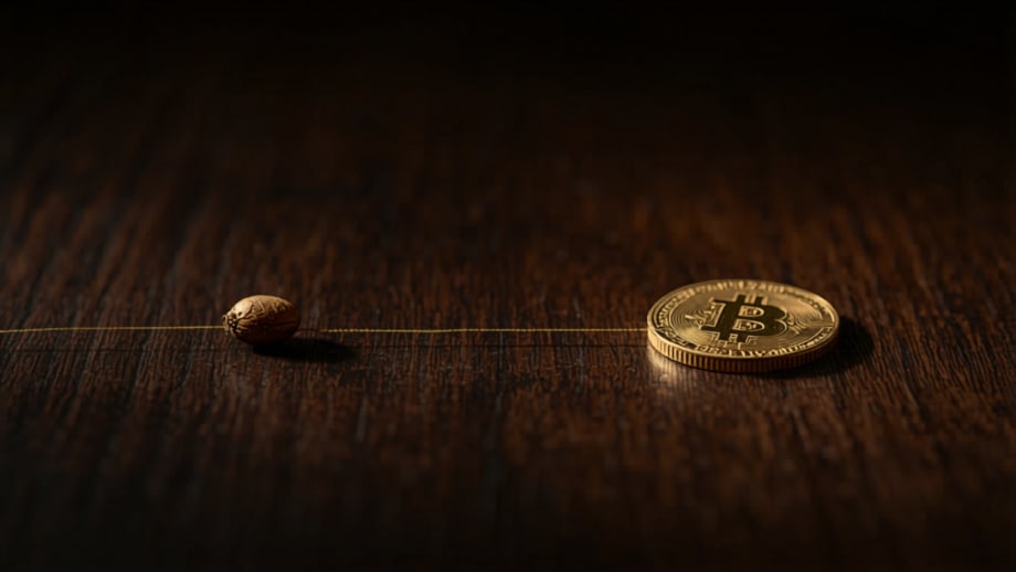 Una semilla y una moneda dorada mayor, con una línea entre ambas