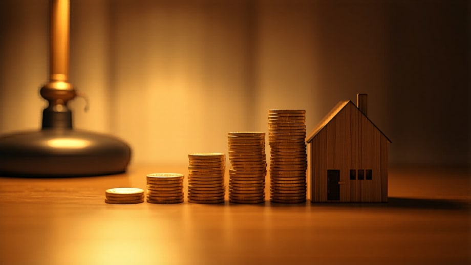 Cuánto cobrar de arriendo en Chile: monedas en escalera junto a una casa de madera