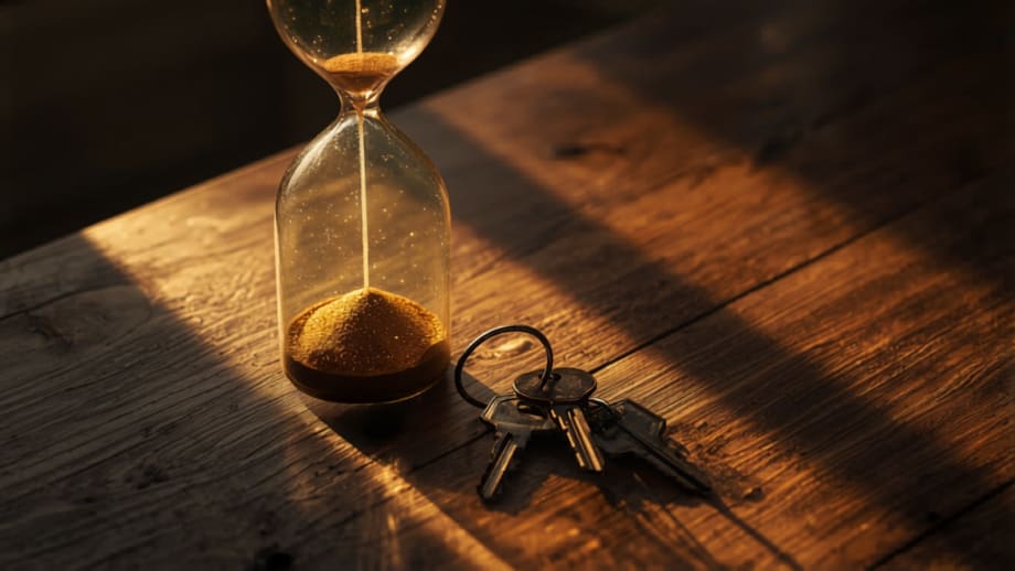 Cuánto demora venderse una casa en Chile: reloj de arena y llaves a la luz del atardecer